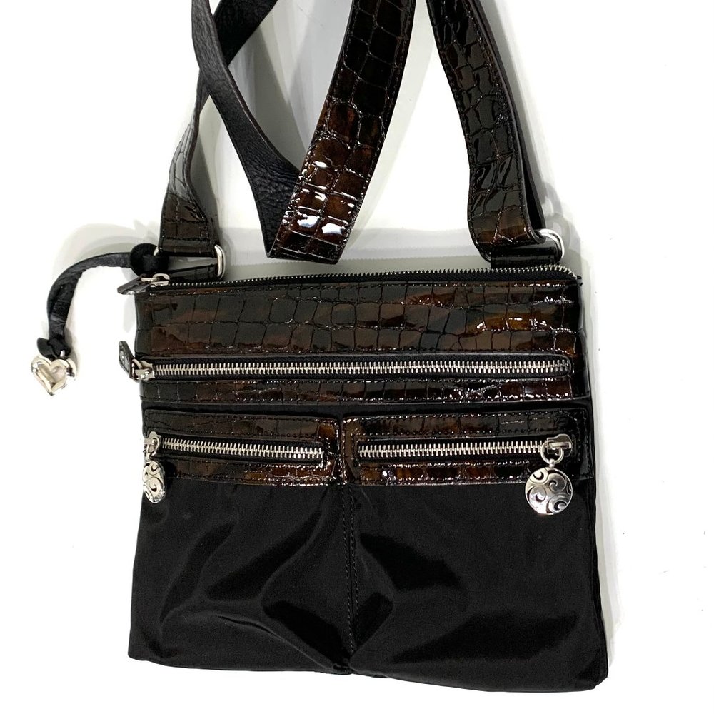 BRIGHTON Black Nylon GO GO Slim Crossbody Bag Croc Accents Adjustable Strap